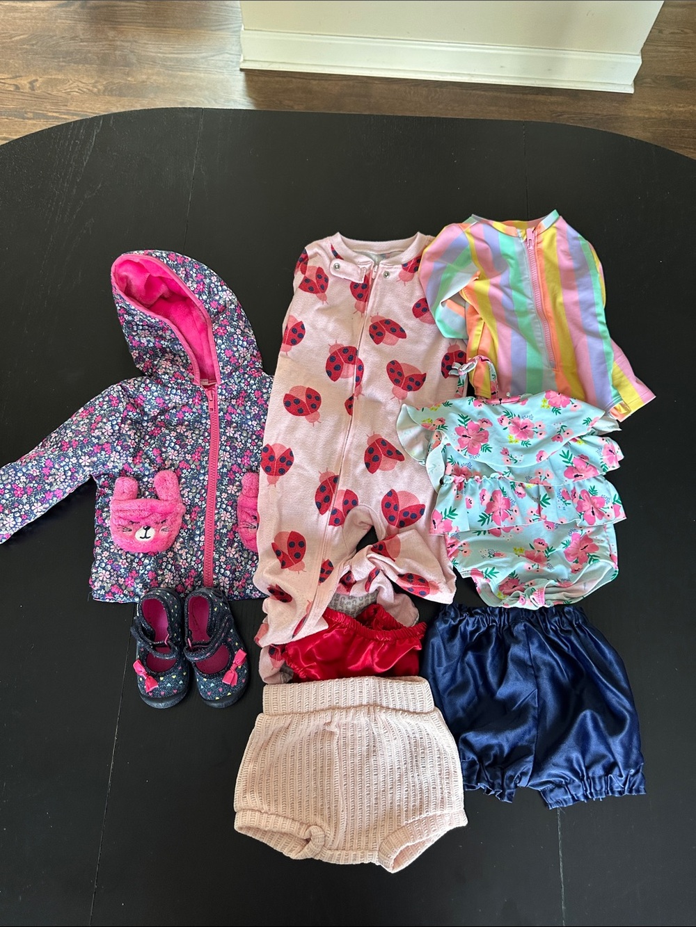 Girls Mixed Clothing Bundle - Floral Jacket, Ladybug Romper & Swim